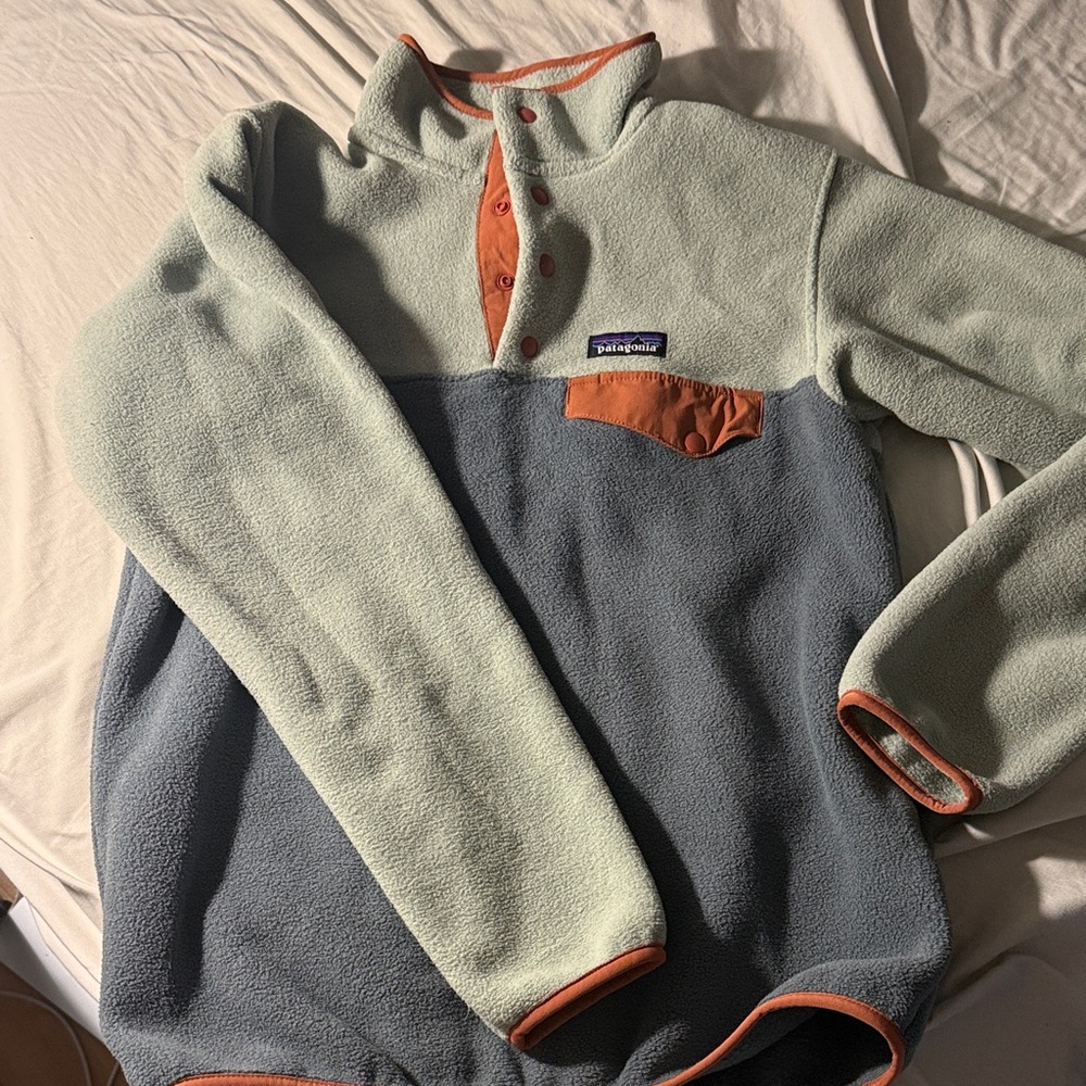 Patagonia Women’s Mint Green & Slate Blue Fleece Zip Pullover with Orange Trim